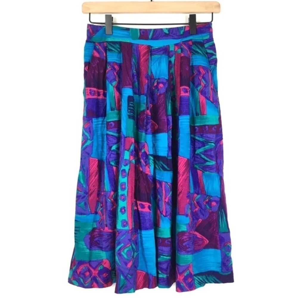 VINTAGE Midi Skirt Geo Mod Retro Boho Abstract Jewel Tone F Shay Boston Size 10